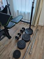 Home gym, bench press, dumbells, 170kg Gewichten,Halterstang, Sport en Fitness, Fitnessmaterialen, Ophalen, Zo goed als nieuw
