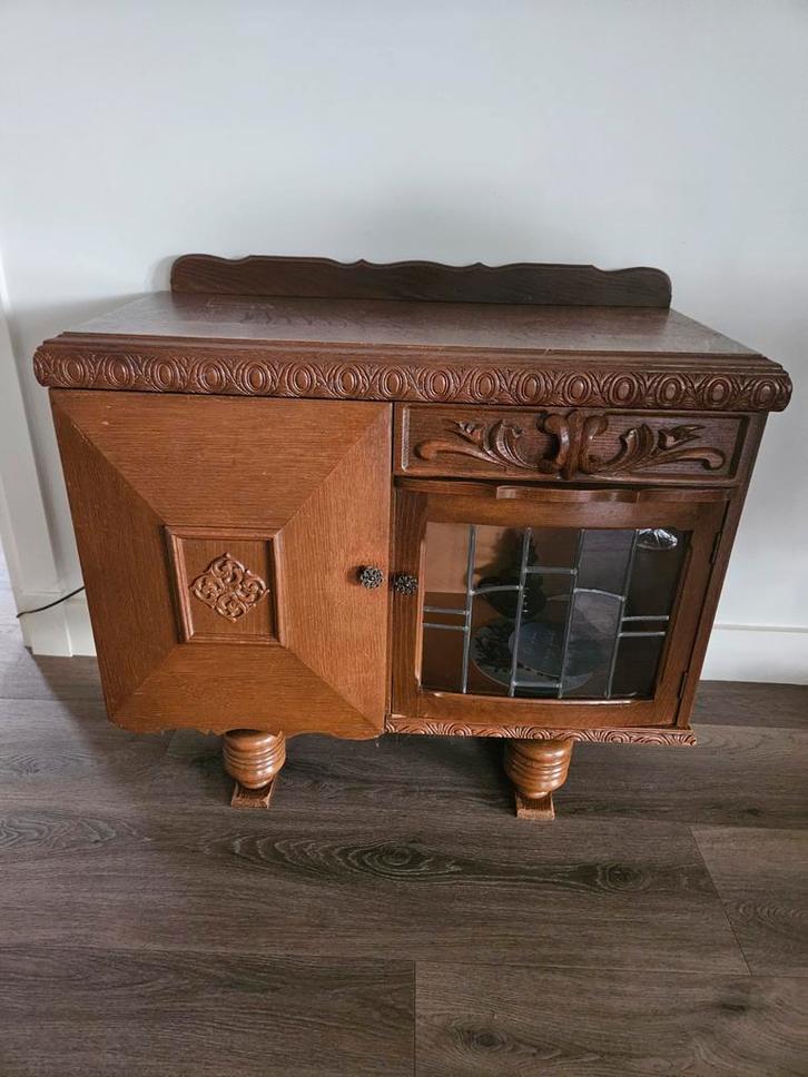 Antiek Theemeubel met Glasdeur, Huis en Inrichting, Kasten | Dressoirs, Gebruikt, 50 tot 100 cm, 25 tot 50 cm, Met lade(s), Met deur(en)