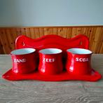 EMAILLE ROOD ZAND ZEEP EN SODA MET REKJE EN GOUDEN BIES., Antiek en Kunst, Antiek | Emaille, Ophalen of Verzenden