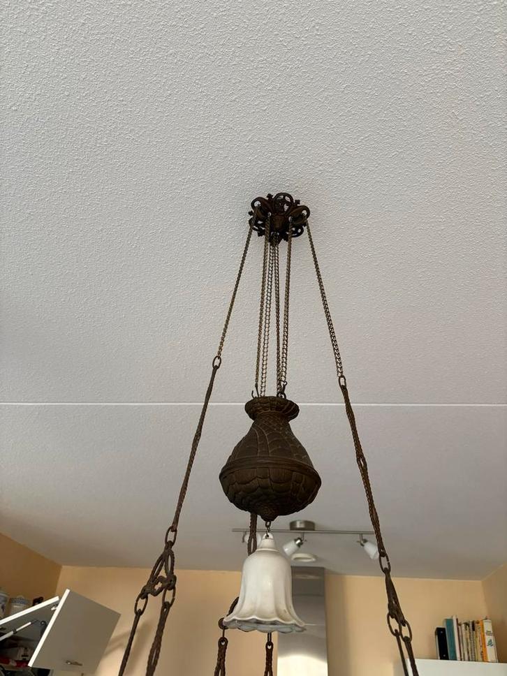 Antieke olielampen set: kroonluchter & staande lamp, Huis en Inrichting, Lampen | Hanglampen, Gebruikt, 75 cm of meer, Glas, Ophalen