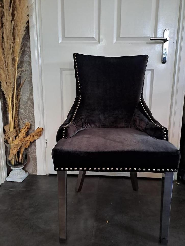 4 Luxe Eetkamerstoelen - Zwart Velvet, Huis en Inrichting, Stoelen, Gebruikt, Vier, Stof, Zwart, Ophalen