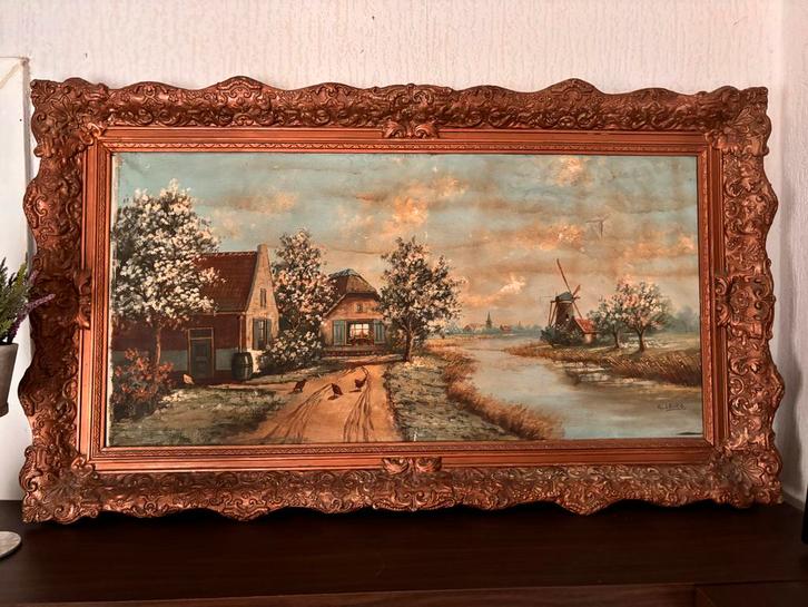 Boerderijlandschap H. v.d. Berg met lijst, Antiek en Kunst, Kunst | Schilderijen | Klassiek, Ophalen