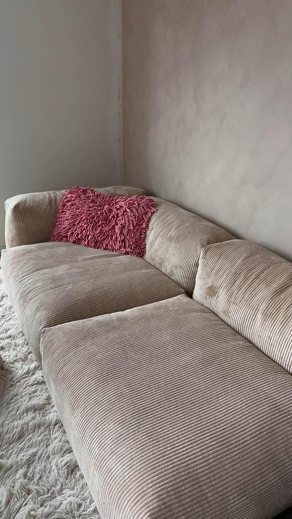 Vetsak Cord Velour Bank - Zandkleur, Huis en Inrichting, Banken | Bankstellen, Gebruikt, Rechte bank, Vierpersoons of meer, 200 tot 250 cm