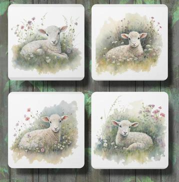 Lammetjes Aquarel onderzetters met houder beschikbaar voor biedingen