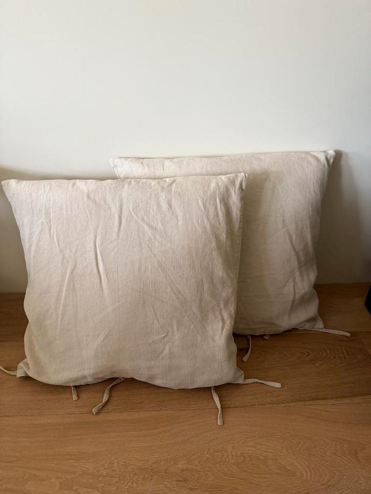 Linnen Sierkussens 60x60, Huis en Inrichting, Woonaccessoires | Kussens, Zo goed als nieuw, Beige, Vierkant, Ophalen of Verzenden