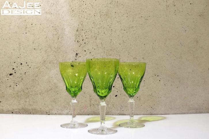 3 Val st. Lambert - Goethe - Groene wijnglazen van kristal, Antiek en Kunst, Antiek | Glas en Kristal, Ophalen of Verzenden