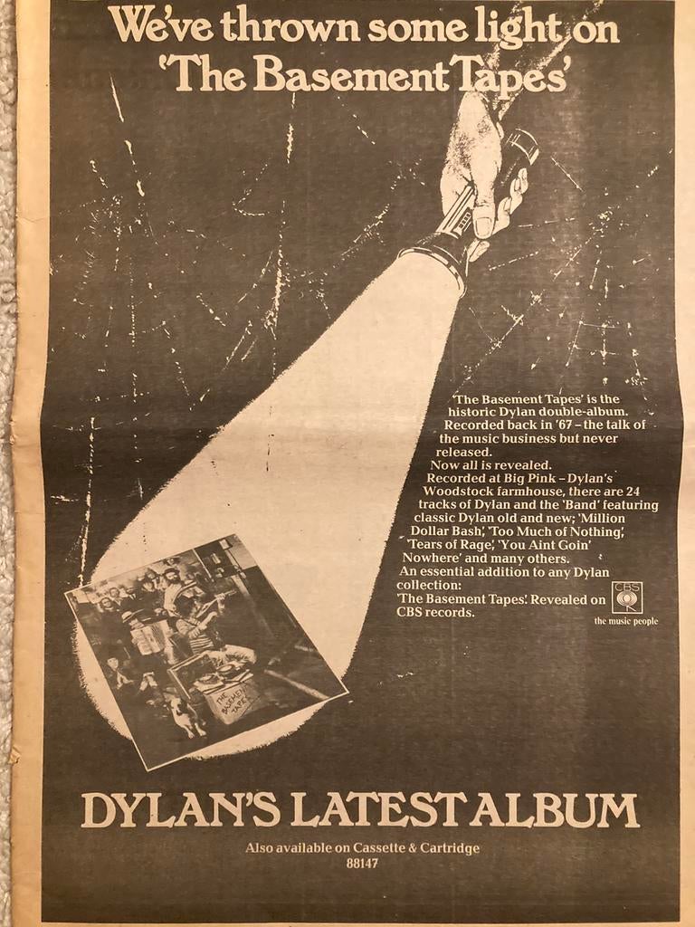 BOB DYLAN The Basement Tapes A3 advertentie, Ophalen of Verzenden