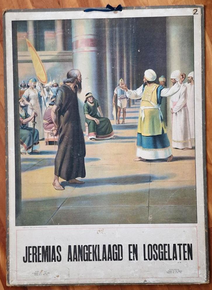 Schoolplaat "Jeremias aangeklaagd en losgelaten", Antiek en Kunst, Antiek | Schoolplaten, Geschiedenis, Ophalen