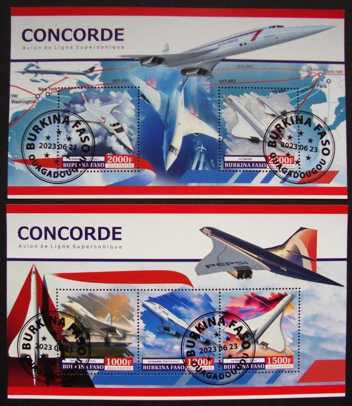 - 413 - 2 Blokken met Concorde Vliegtuigen., Postzegels en Munten, Postzegels | Thematische zegels, Gestempeld, Vliegtuigen, Verzenden