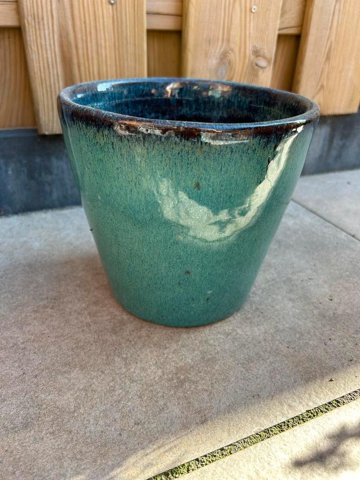 Turkooise Bloempot - 19cm Diameter, Tuin en Terras, Bloempotten, Gebruikt, Aardewerk, Binnen, Minder dan 40 cm, Minder dan 25 cm