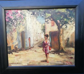 Z. Simons, Femme dans la rue du village Française. 75/65 cm. beschikbaar voor biedingen