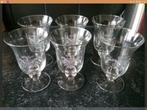 6 Vintage geëtste water glazen met zilverkleurige rand, Antiek en Kunst, Ophalen