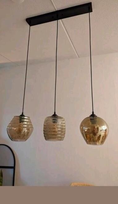 Prachtige hanglamp 2 glazen bollen stoer, landelijk, Huis en Inrichting, Lampen | Hanglampen, Zo goed als nieuw, 75 cm of meer