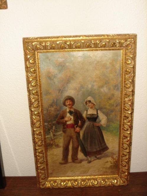 19th century oil, signed F. Duron, Newlyweds having a walk., Antiek en Kunst, Kunst | Schilderijen | Klassiek, Ophalen of Verzenden