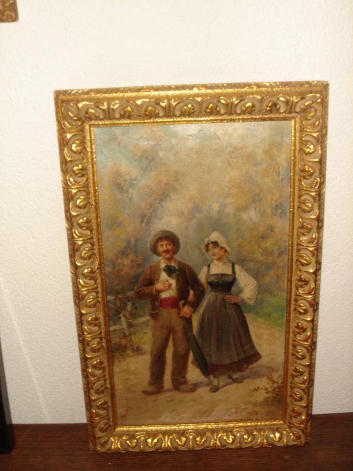 19th century oil, signed F. Duron, Newlyweds having a walk., Antiek en Kunst, Kunst | Schilderijen | Klassiek, Ophalen of Verzenden