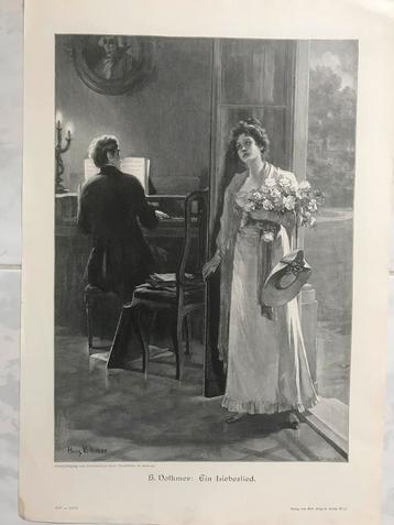 H. Volkmer: Ein Liebeslied, 1895, or. gravure, 32x23cm. Mooi beschikbaar voor biedingen
