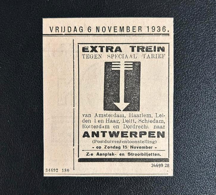 Advertentie NS - extra trein naar Antwerpen (1936), Verzamelen, Spoorwegen en Tramwegen, Gebruikt, Trein, Ophalen of Verzenden
