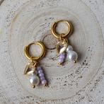 Oorringetjes goud met kralen hanger lila glas parels en hart, Overige materialen, Hangers, Verzenden, Nieuw