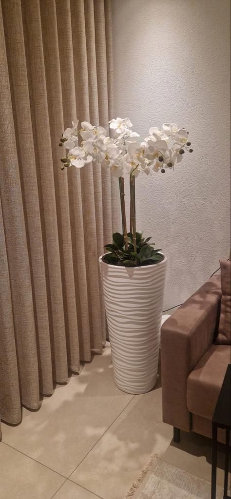 Hoge witte bloempot met orchidee, Tuin en Terras, Bloempotten, Zo goed als nieuw, Kunststof, Binnen, 70 cm of meer, Minder dan 25 cm
