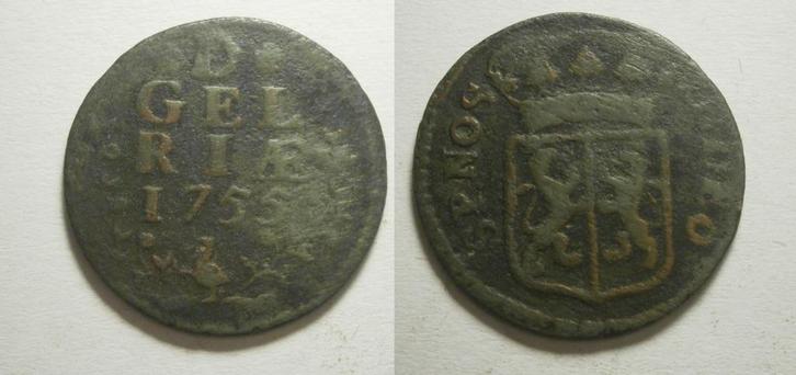 9] Gelderland Duit 1755, Postzegels en Munten, Munten | Nederland, Losse munt, 1 cent, Vóór koninkrijk, Ophalen of Verzenden