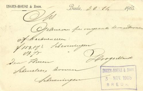 Ingen-Housz + Zoon. Breda - 11.1905 - briefkaart - 1905 gesc, Postzegels en Munten, Brieven en Enveloppen | Nederland, Briefkaart