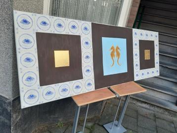 Schilderij, uniek, met zeepaardjes en stukjes bladgoud. Spec beschikbaar voor biedingen