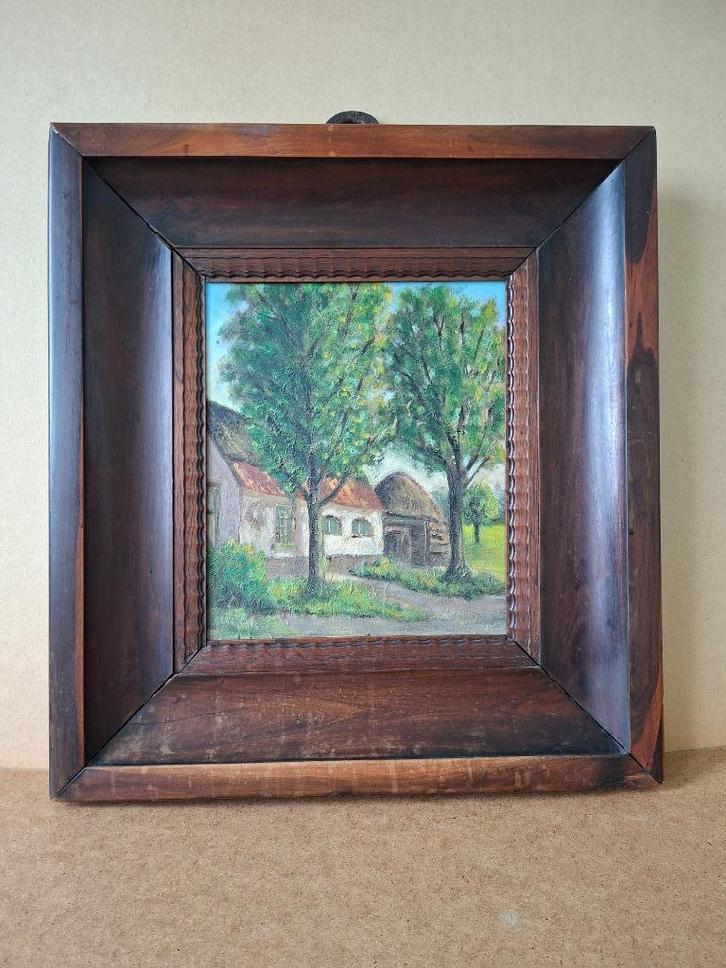 Karakteristieke, antieke, houten lijst met schilderij, Antiek en Kunst, Antiek | Woonaccessoires, Ophalen of Verzenden