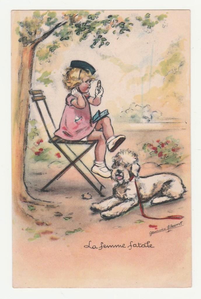 Germaine Bouret.  Meisje met poedel.  Illustrateurs., Verzamelen, Ansichtkaarten | Themakaarten, Ongelopen, 1940 tot 1960, Overige thema's