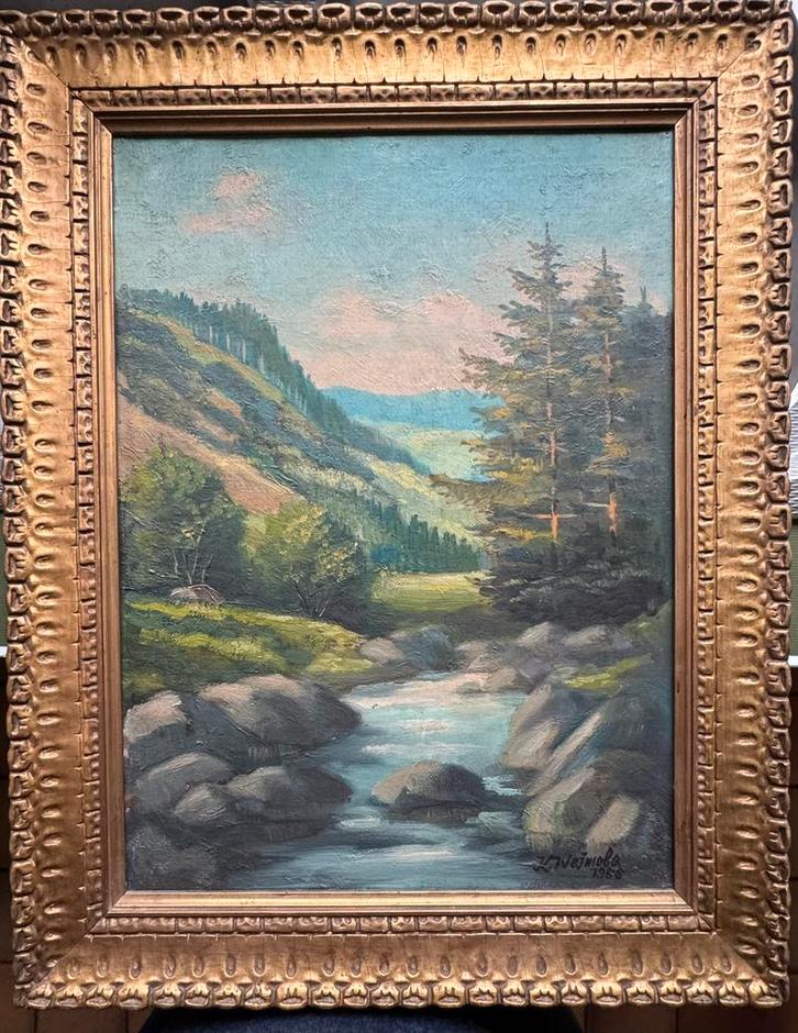 K. Weimola - rivierlandschap, Antiek en Kunst, Kunst | Schilderijen | Klassiek, Ophalen of Verzenden