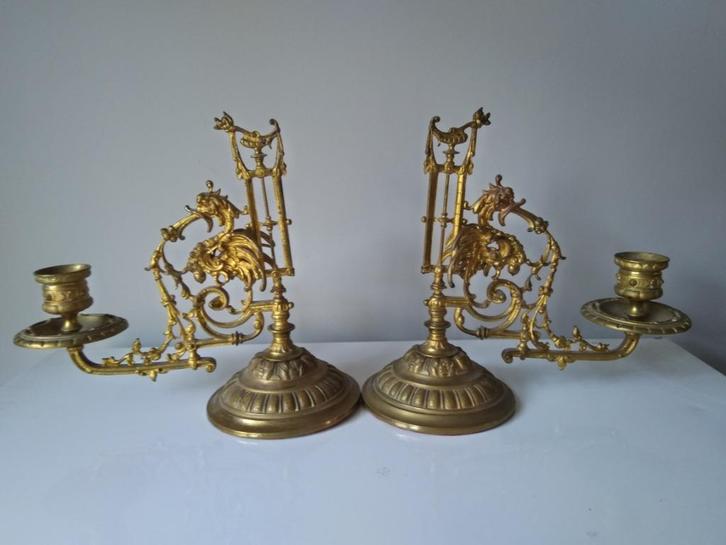 Staande piano kandelaars set, Antiek en Kunst, Antiek | Kandelaars, Koper of Brons, Ophalen of Verzenden