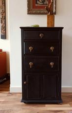 Antiek zwarte Houten Ladekast met Deurtje, Gebruikt, Met deur(en), 50 tot 100 cm, 25 tot 50 cm