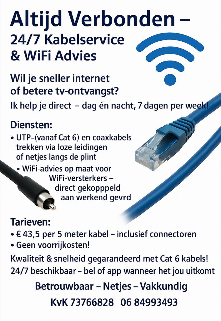 UTP/coax kabel trekken/ wifi advies en verbetering, Ophalen of Verzenden