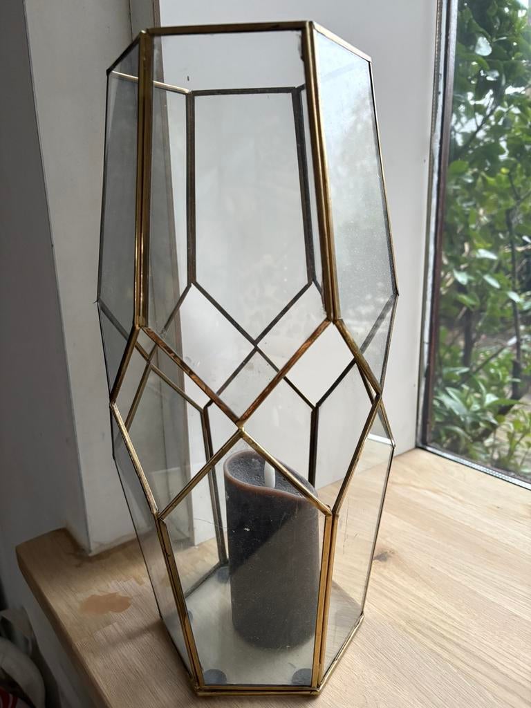 Broste Copenhagen windlicht lantaarn Peter goudkleurig glas, Ophalen, Overige materialen, Gebruikt, Overige kleuren