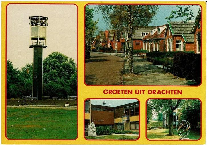 Ansichtkaart Drachten, toren, straatje, gebouwen, Verzamelen, Ansichtkaarten | Nederland, Gelopen, Friesland, 1980 tot heden, Ophalen of Verzenden