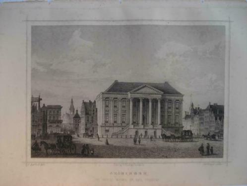 127 / Groningen Markt Stadhuis Staalgravure 1860, Antiek en Kunst, Kunst | Etsen en Gravures, Ophalen of Verzenden