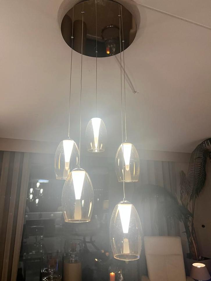 Moderne hanglamp met glazen kappen, Huis en Inrichting, Lampen | Hanglampen, Zo goed als nieuw, 75 cm of meer, Glas, Ophalen