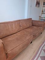 Stoere 4.5 zits micro leder bank - cognac Kleur, Huis en Inrichting, Banken | Bankstellen, Ophalen, Gebruikt, Rechte bank, 200 tot 250 cm