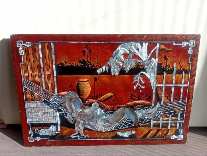 Vintage Aziatisch parelmoer Inlegwerk Wandpaneel, Antiek en Kunst, Kunst | Niet-Westerse kunst, Ophalen of Verzenden