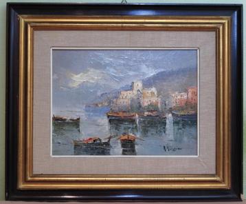 Olieverfschilderij - A. Giordano - Haven van Napels beschikbaar voor biedingen
