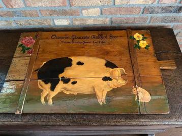 Brocante op oud hout beschilderd varken, 72 cm beschikbaar voor biedingen