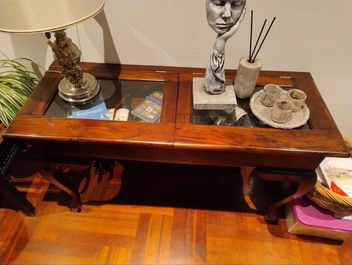 Houten side table, Huis en Inrichting, Tafels | Sidetables, Gebruikt, 50 tot 75 cm, 100 tot 150 cm, Rechthoekig, Glas, Ophalen