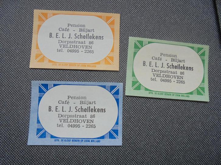 l3 oude luciferetiketten Café Schellekens in VELDHOVEN, Verzamelen, Rookartikelen, Aanstekers en Luciferdoosjes, Zo goed als nieuw