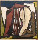 Fon Klement(1930) Boardsnede " Dame aan strand " Ges Gen Ged, Antiek en Kunst, Ophalen of Verzenden