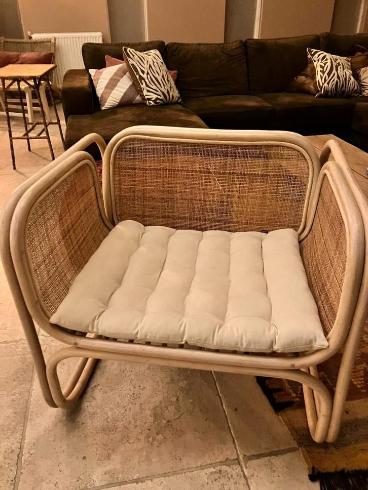 Loods 5 Webbing Stoel - Bohemian/Ibiza Stijl, Huis en Inrichting, Stoelen, Zo goed als nieuw, Eén, Hout, Riet of Rotan, Stof, Bruin