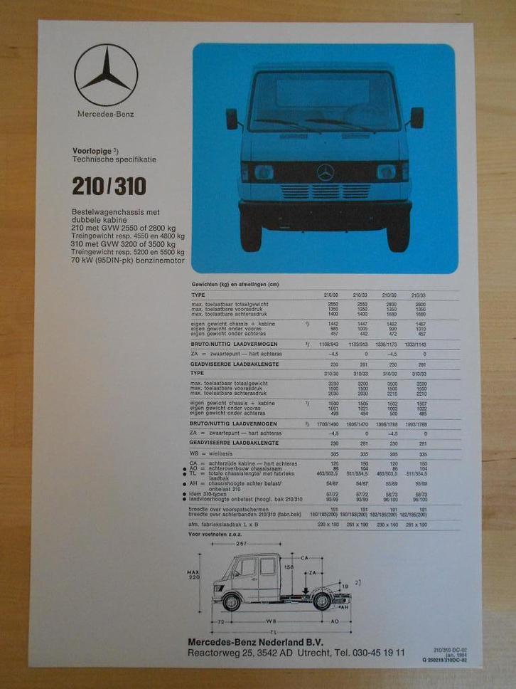 Mercedes 210 / 310 Technische Specificatie folder 1984 DC, Boeken, Auto's | Folders en Tijdschriften, Zo goed als nieuw, Mercedes