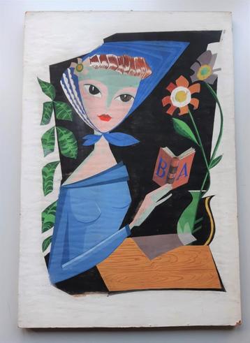 Schilderij vrouw  met boek, gedateerd 1955 beschikbaar voor biedingen