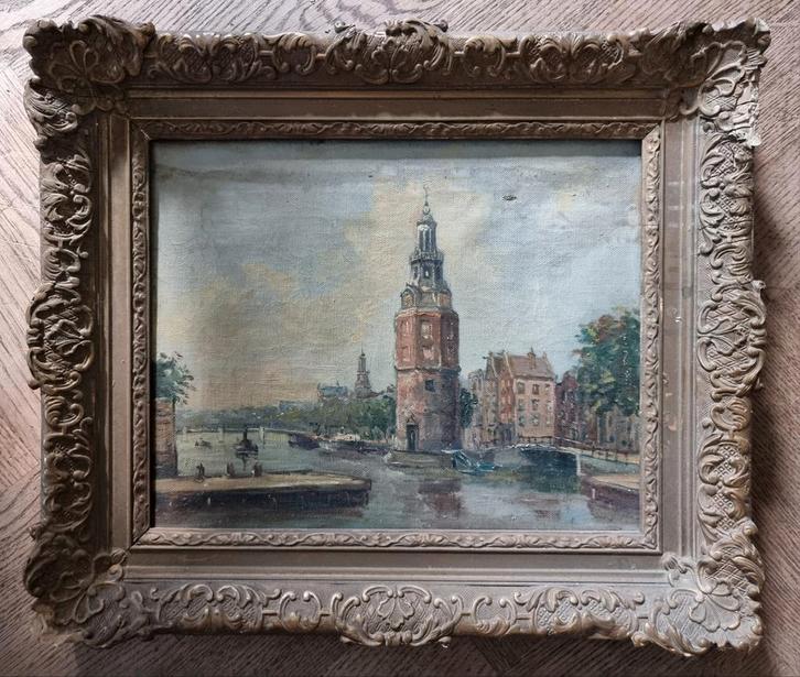 Oud olieverfschilderij van de Montelbaanstoren in Amsterdam, Antiek en Kunst, Kunst | Schilderijen | Klassiek, Ophalen of Verzenden