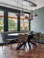 Eettafel mangohout zwart 210x100 + bank + 2 stoelen, Ophalen, Zo goed als nieuw