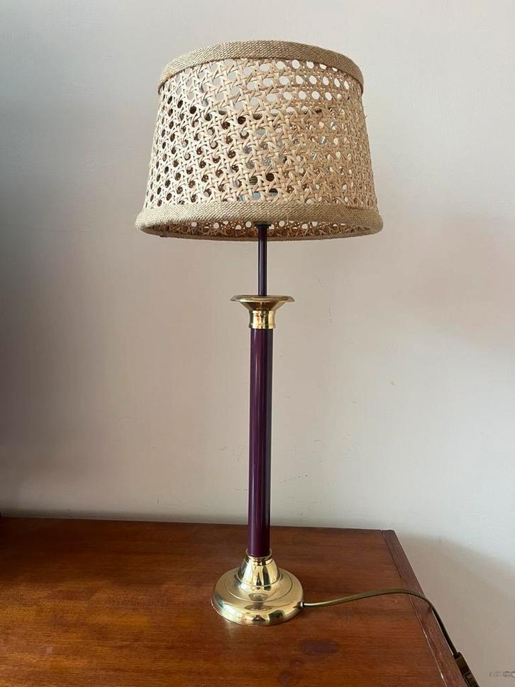 Vintage tafellamp / nachtlamp – rotan kap Riviera Maison, Huis en Inrichting, Lampen | Tafellampen, Zo goed als nieuw, Minder dan 50 cm