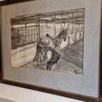 Houtskool tekening paard stal hoef mooi werk, Antiek en Kunst, Ophalen of Verzenden